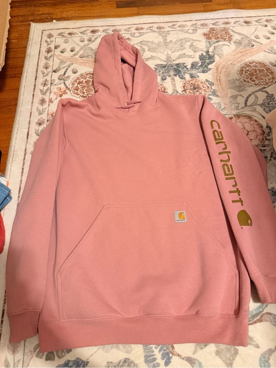 Carhartt Tops - Carhartt Women’s Pink Crewneck Hoodie with Brown Logo Sleeve